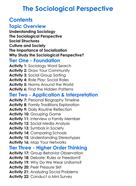 The Sociological Perspective Worksheet Activity Booklet