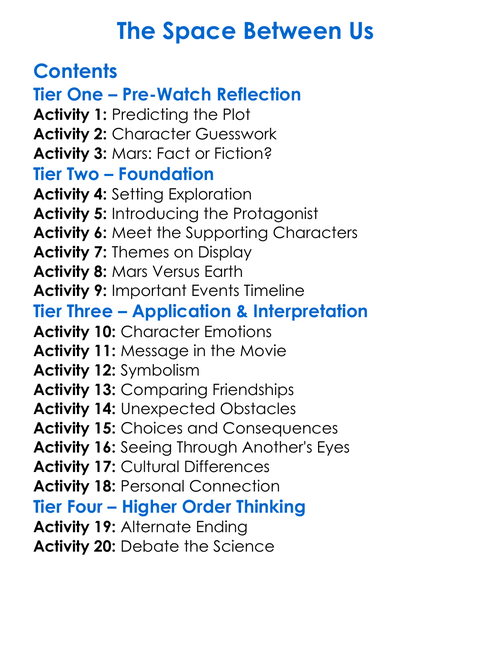 The Space Between Us Worksheet Activity Booklet
