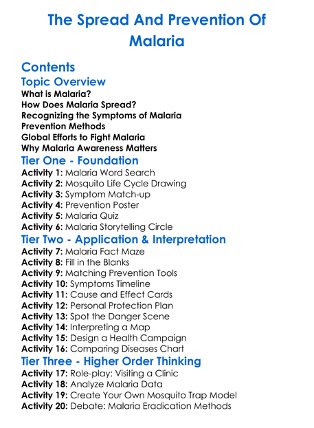 The Spread And Prevention Of Malaria Worksheet Activity Booklet