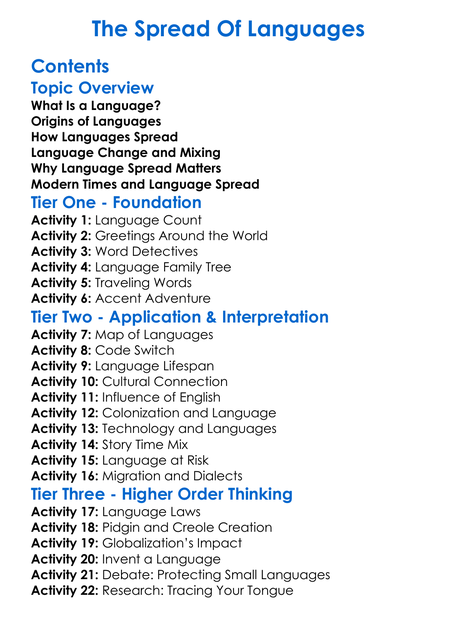 The Spread Of Languages Worksheet Activity Booklet