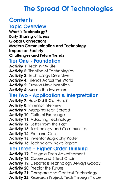 The Spread Of Technologies Worksheet Activity Booklet
