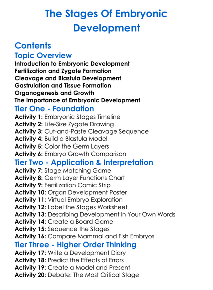 The Stages Of Embryonic Development Worksheet Activity Booklet