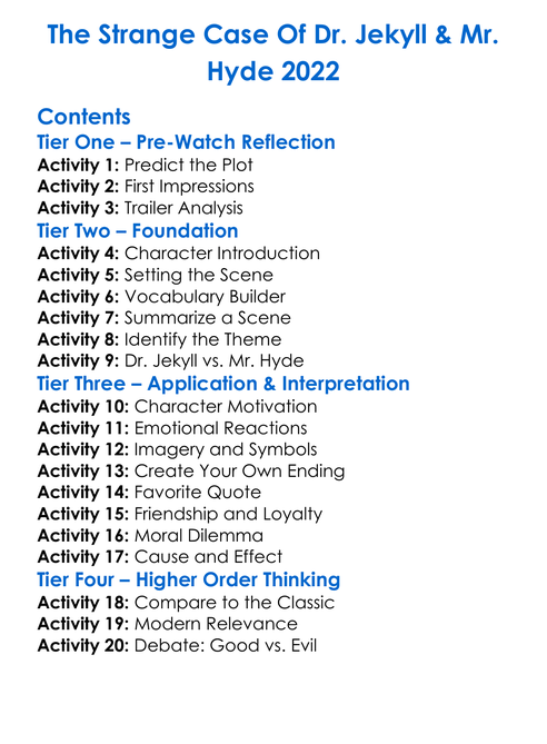 The Strange Case Of Dr Jekyll Mr Hyde 2022 Worksheet Activity Booklet