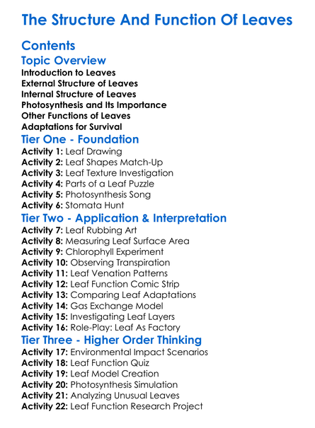 The Structure And Function Of Leaves Worksheet Activity Booklet