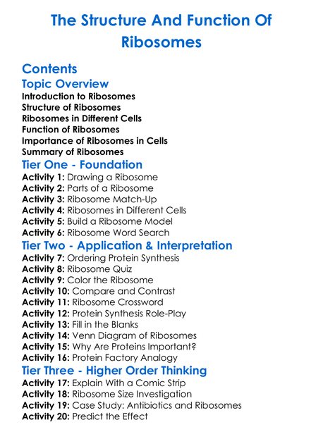 The Structure And Function Of Ribosomes Worksheet Activity Booklet