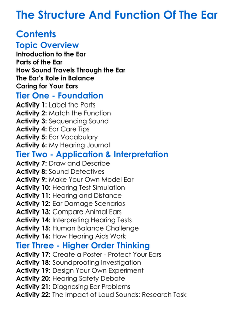 The Structure And Function Of The Ear Worksheet Activity Booklet