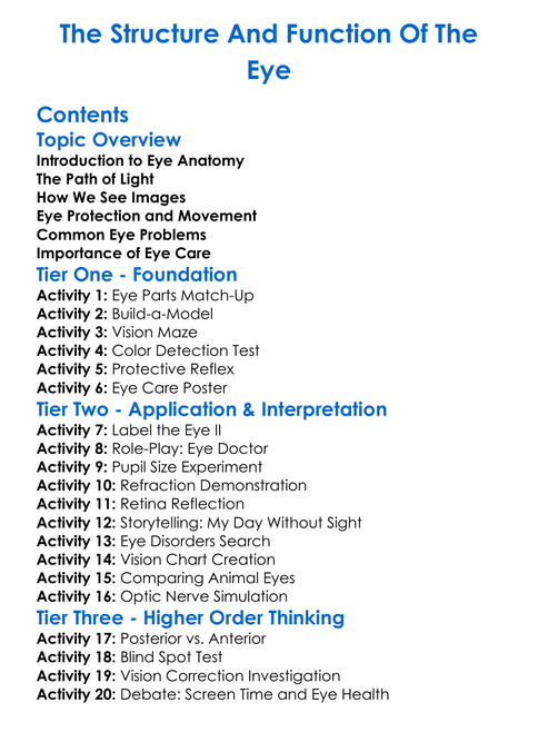 The Structure And Function Of The Eye Worksheet Activity Booklet