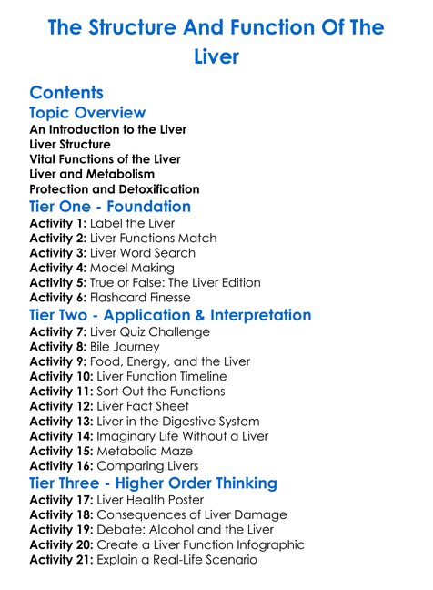 The Structure And Function Of The Liver Worksheet Activity Booklet
