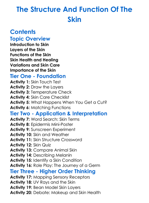 The Structure And Function Of The Skin Worksheet Activity Booklet