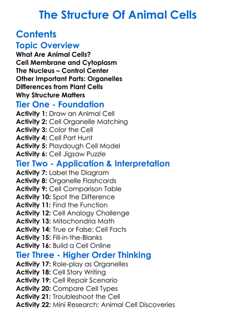 The Structure Of Animal Cells Worksheet Activity Booklet