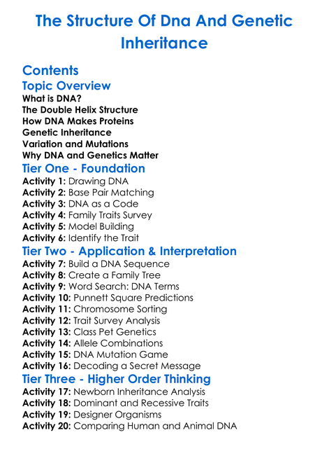 The Structure Of Dna And Genetic Inheritance Worksheet Activity Booklet