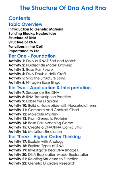 The Structure Of Dna And Rna Worksheet Activity Booklet