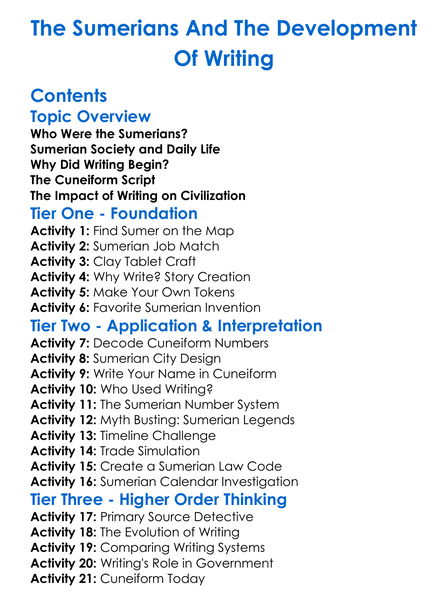 The Sumerians And The Development Of Writing Worksheet Activity Booklet