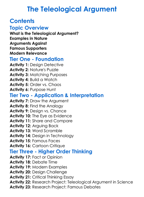 The Teleological Argument Worksheet Activity Booklet