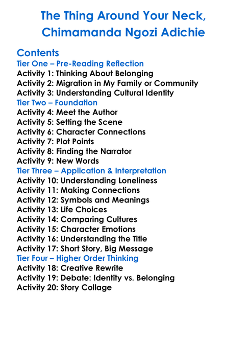 The Thing Around Your Neck Chimamanda Ngozi Adichie Worksheet Activity Booklet