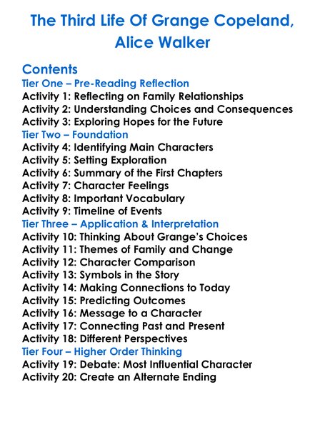 The Third Life Of Grange Copeland Alice Walker Worksheet Activity Booklet