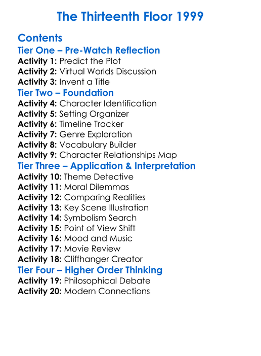 The Thirteenth Floor 1999 Worksheet Activity Booklet