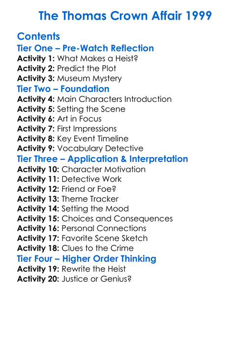 The Thomas Crown Affair 1999 Worksheet Activity Booklet