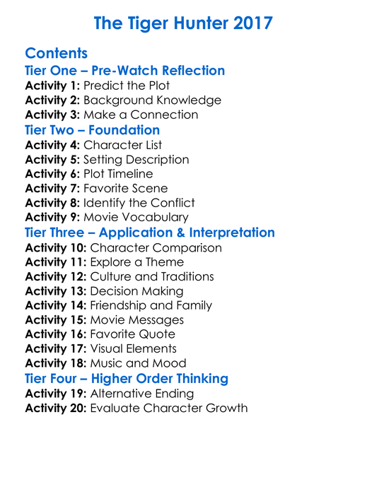 The Tiger Hunter 2017 Worksheet Activity Booklet