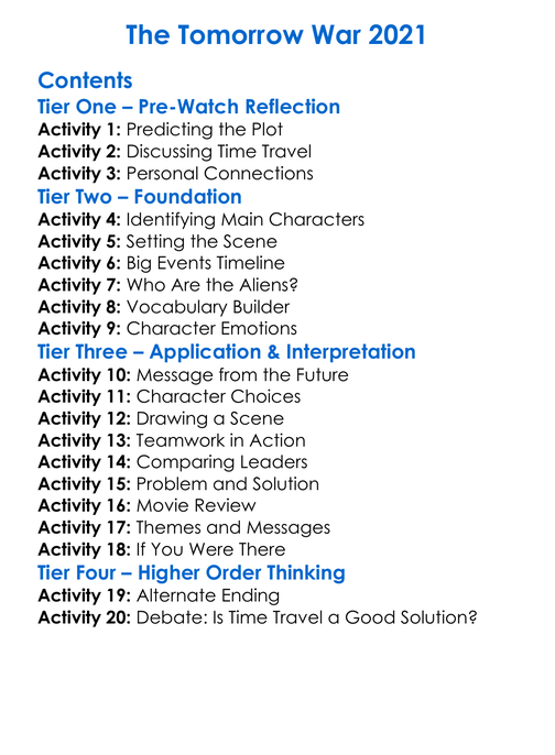The Tomorrow War 2021 Worksheet Activity Booklet