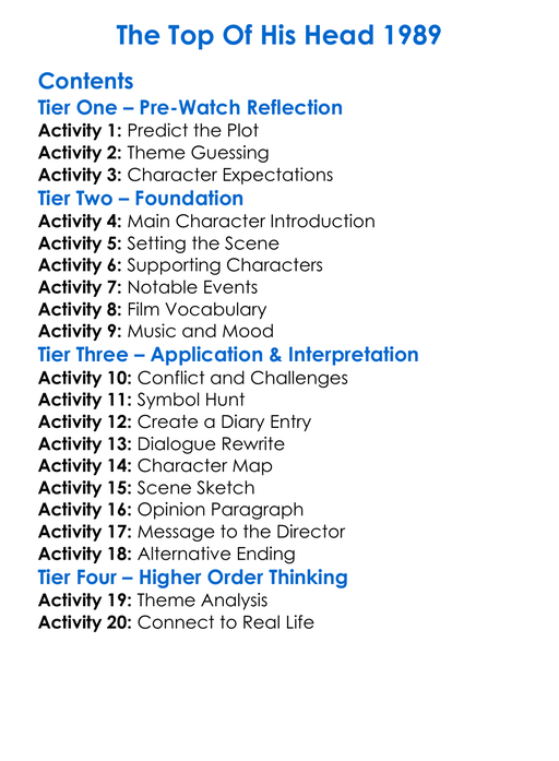 The Top Of His Head 1989 Worksheet Activity Booklet