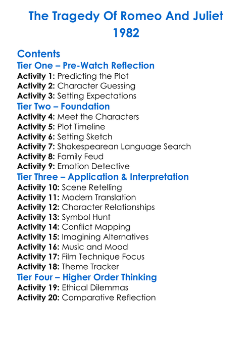 The Tragedy Of Romeo And Juliet 1982 Worksheet Activity Booklet