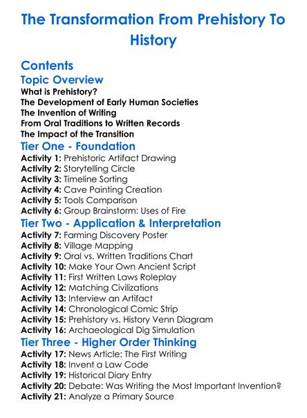 The Transformation From Prehistory To History Worksheet Activity Booklet
