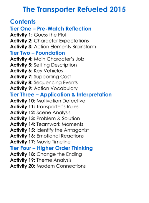 The Transporter Refueled 2015 Worksheet Activity Booklet