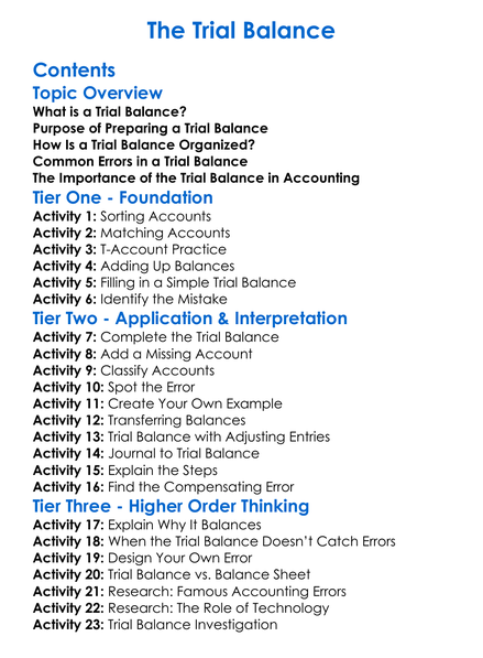 The Trial Balance Worksheet Activity Booklet
