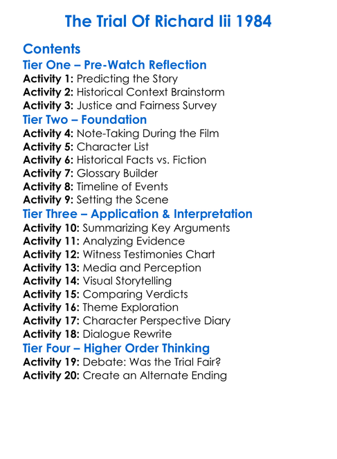The Trial Of Richard Iii 1984 Worksheet Activity Booklet