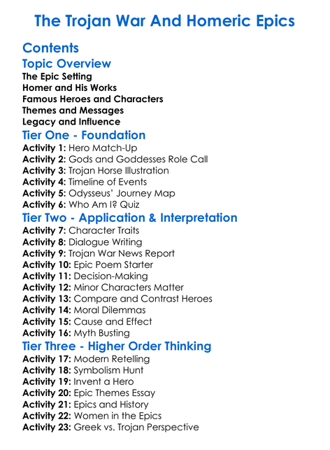The Trojan War And Homeric Epics Worksheet Activity Booklet
