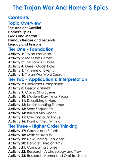 The Trojan War And Homers Epics Worksheet Activity Booklet