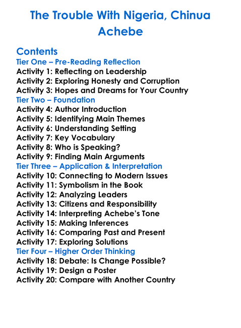 The Trouble With Nigeria Chinua Achebe Worksheet Activity Booklet