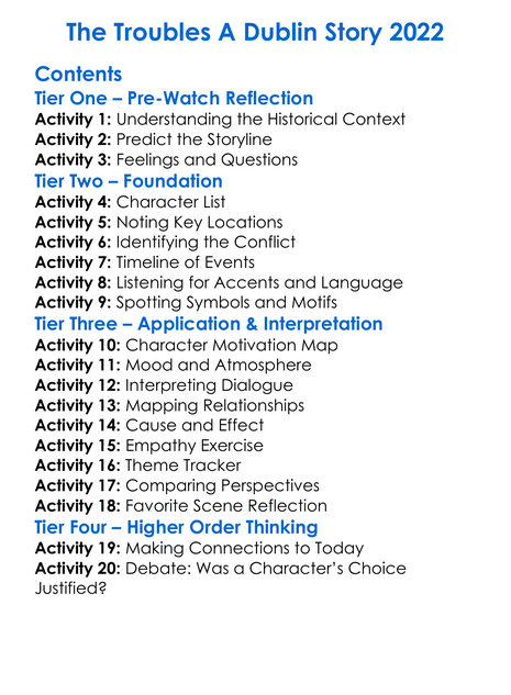 The Troubles A Dublin Story 2022 Worksheet Activity Booklet