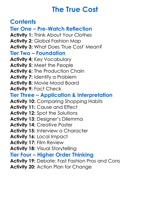 The True Cost Worksheet Activity Booklet