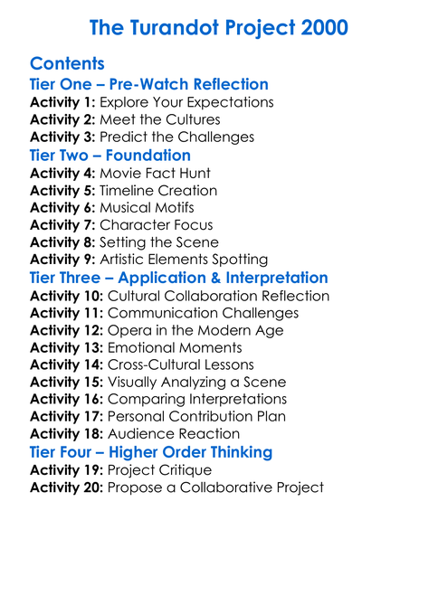 The Turandot Project 2000 Worksheet Activity Booklet