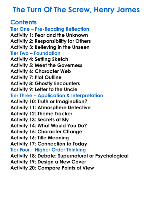 The Turn Of The Screw Henry James Worksheet Activity Booklet