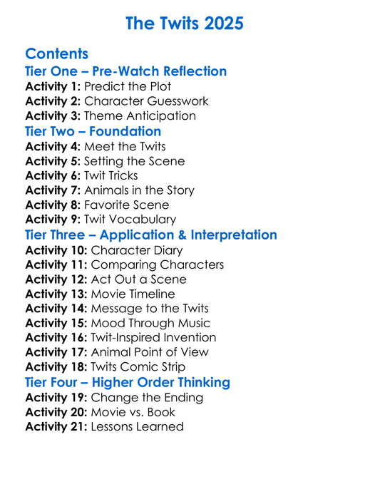The Twits 2025 Worksheet Activity Booklet