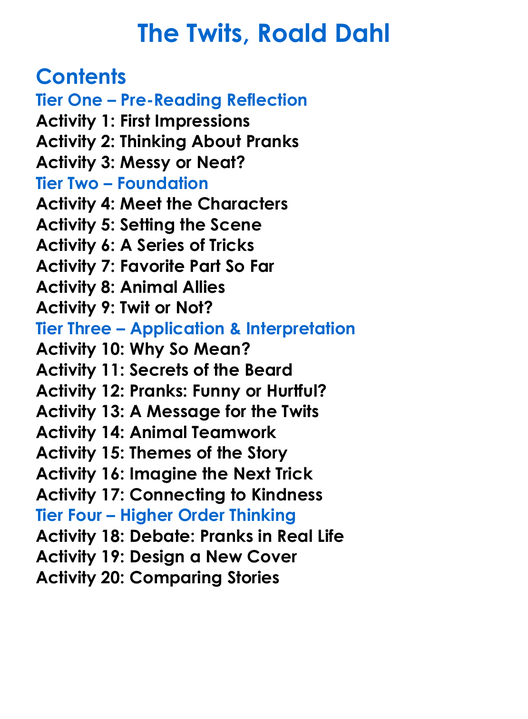 The Twits Roald Dahl Worksheet Activity Booklet