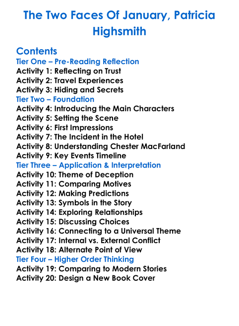 The Two Faces Of January Patricia Highsmith Worksheet Activity Booklet