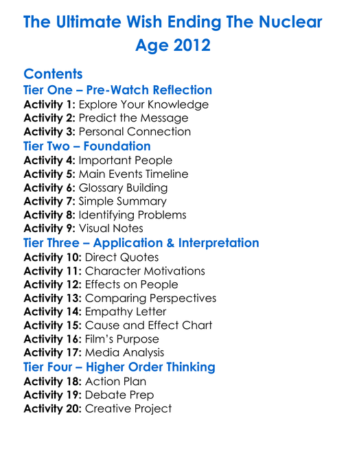 The Ultimate Wish Ending The Nuclear Age 2012 Worksheet Activity Booklet