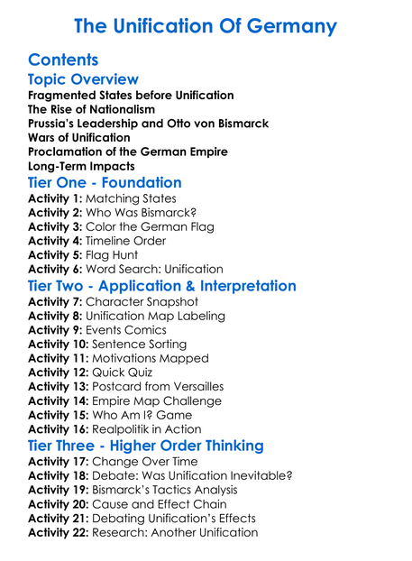 The Unification Of Germany Worksheet Activity Booklet