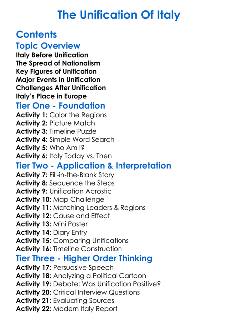 The Unification Of Italy Worksheet Activity Booklet