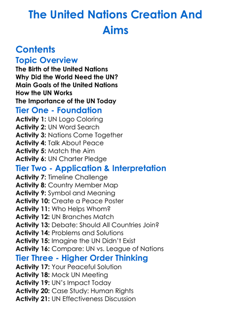 The United Nations Creation And Aims Worksheet Activity Booklet