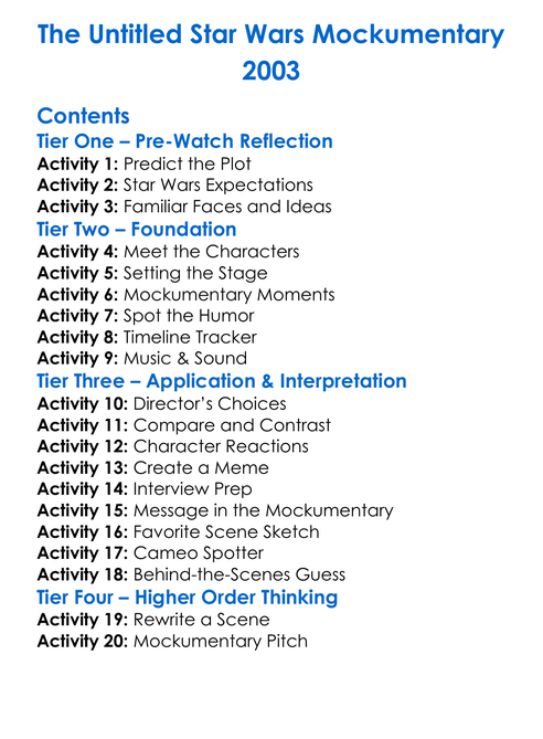 The Untitled Star Wars Mockumentary 2003 Worksheet Activity Booklet