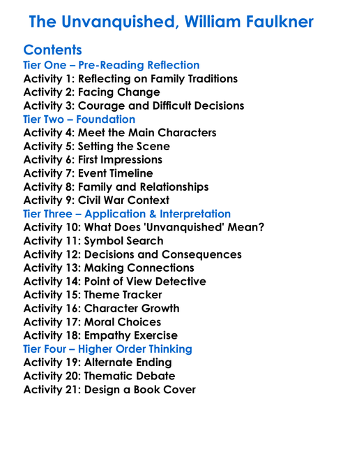 The Unvanquished William Faulkner Worksheet Activity Booklet