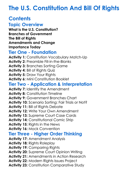 The Us Constitution And Bill Of Rights Worksheet Activity Booklet