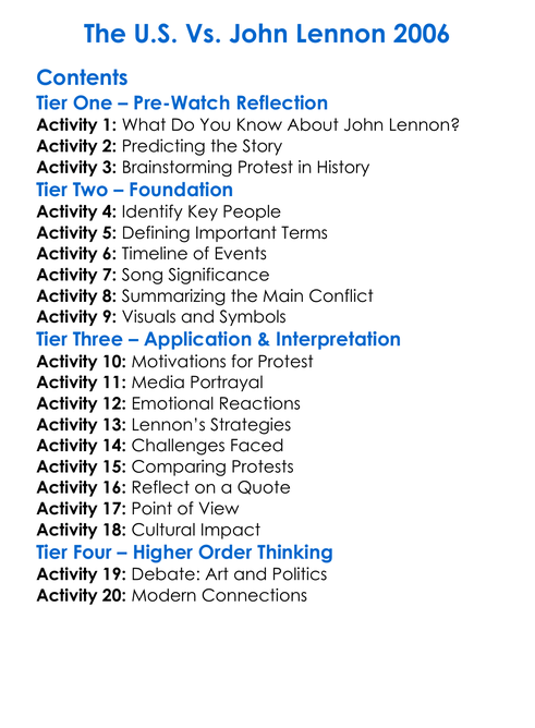 The Us Vs John Lennon 2006 Worksheet Activity Booklet