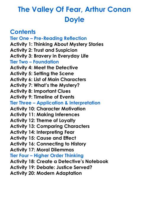 The Valley Of Fear Arthur Conan Doyle Worksheet Activity Booklet