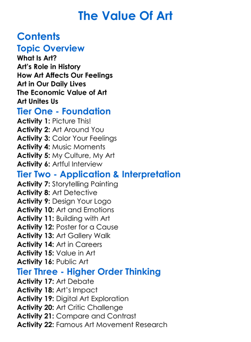 The Value Of Art Worksheet Activity Booklet